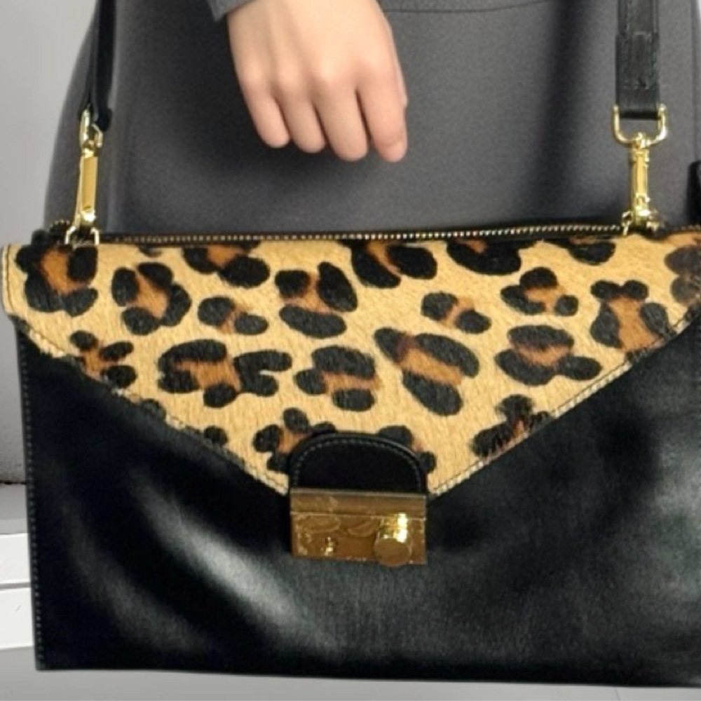 Rare Italian Vittoria Napoli Leather & Calf Hair Leopard Crossbody Bag - Picture 2 of 6